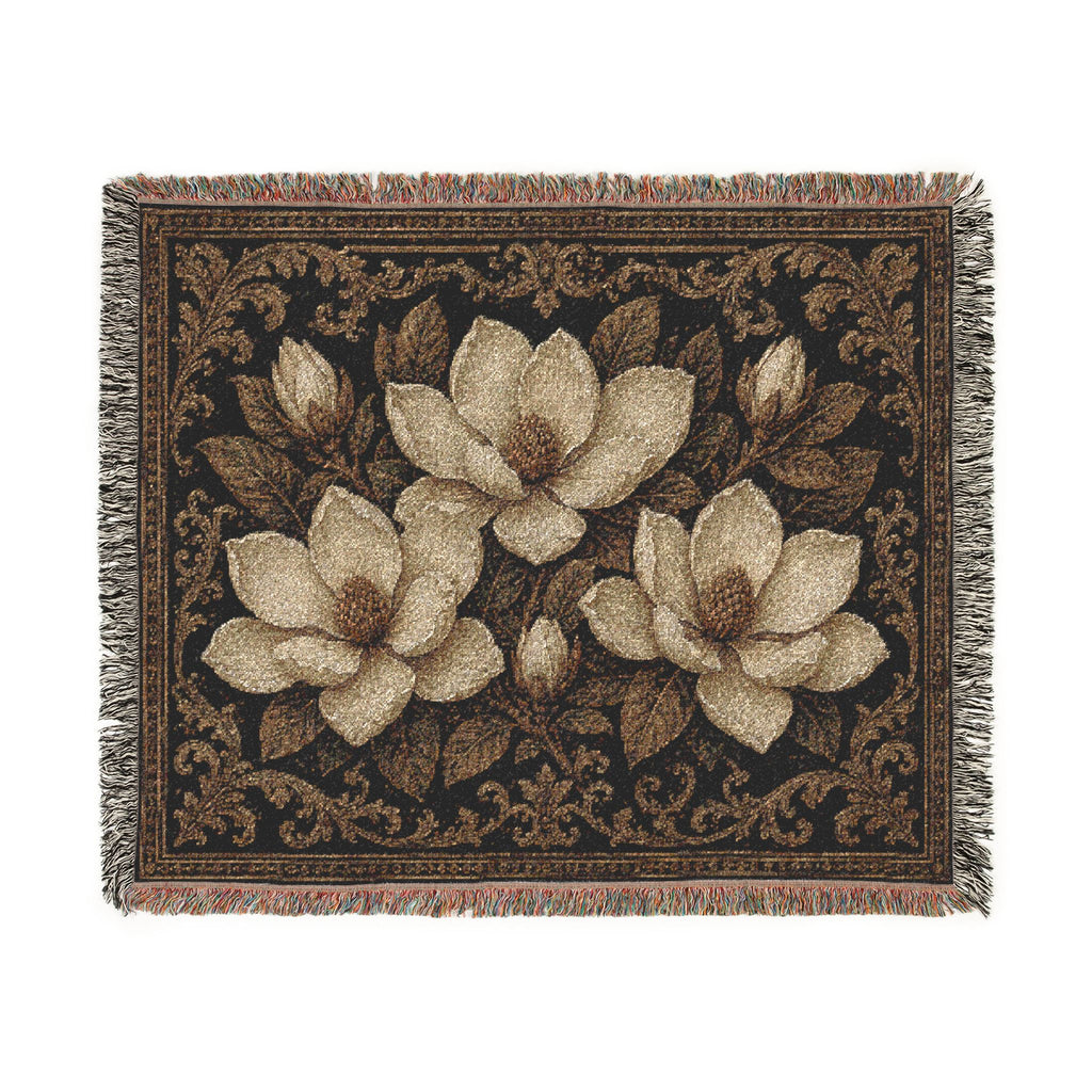 Magnolia Woven Blanket — Southern Magnolia Floral Throw with Fringed Edges