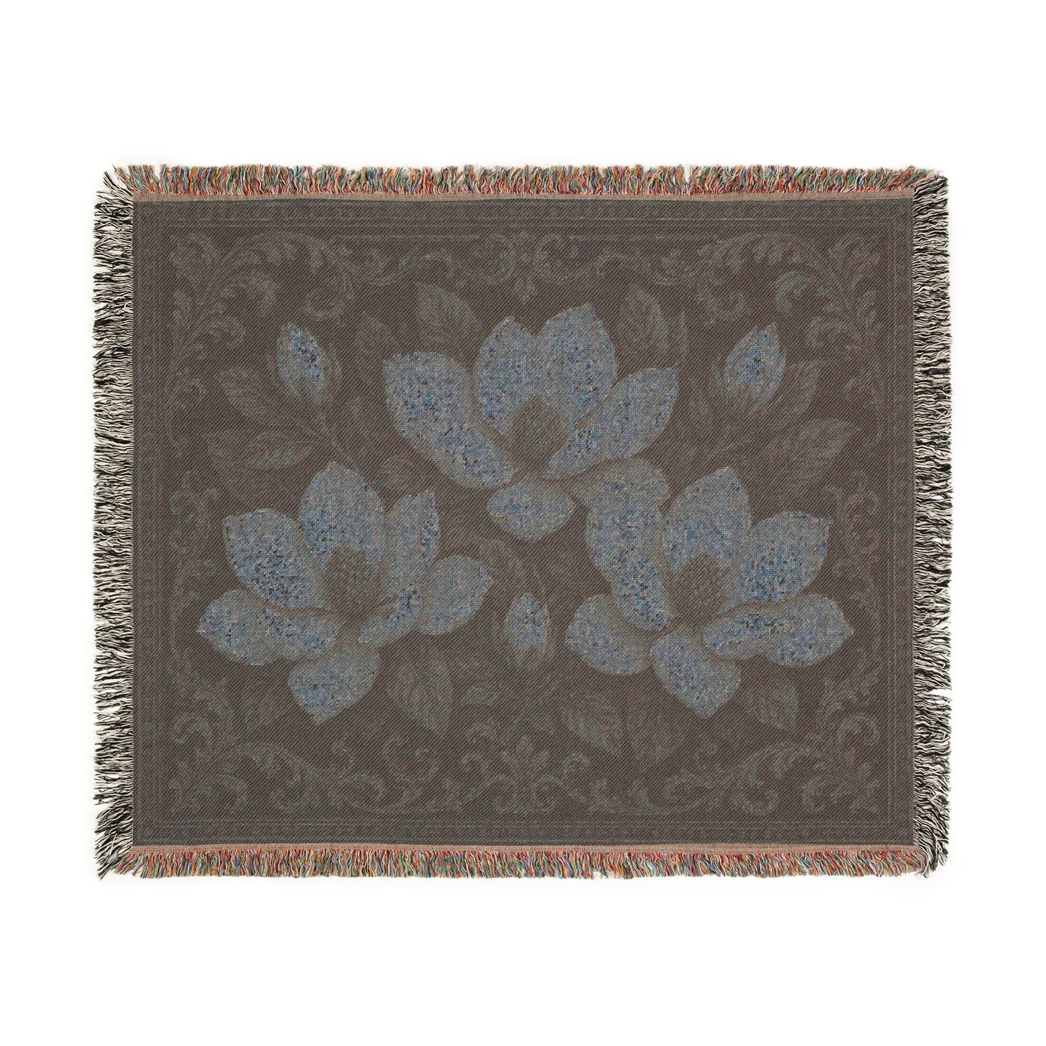Magnolia Woven Blanket — Southern Magnolia Floral Throw with Fringed Edges