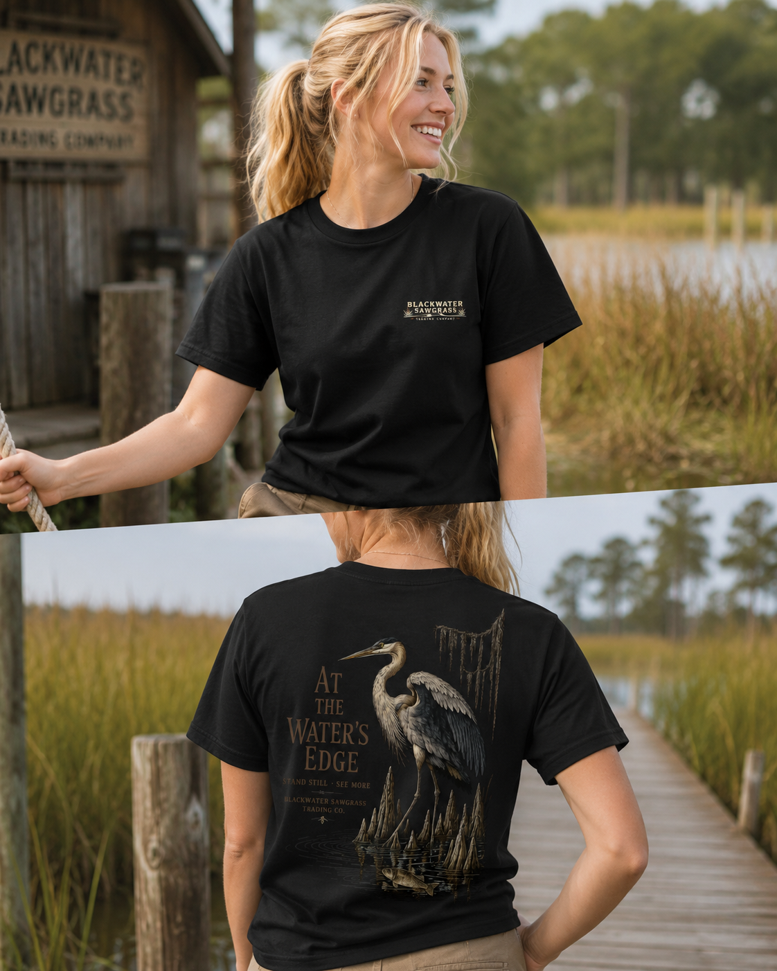 Heron 'At the Water's Edge' Tee - Nature Fishing Graphic T-Shirt