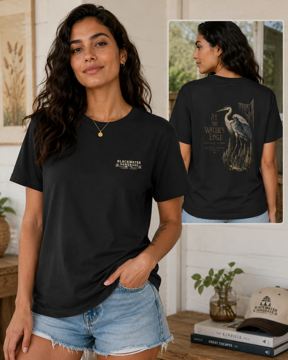 Heron 'At the Water's Edge' Tee - Nature Fishing Graphic T-Shirt