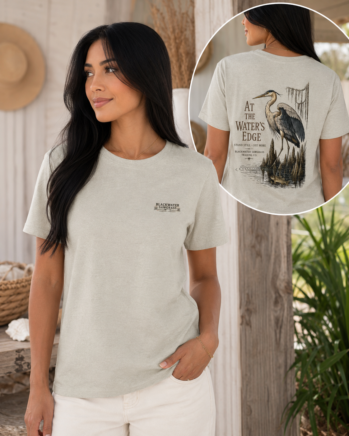 Heron 'At the Water's Edge' Tee - Nature Fishing Graphic T-Shirt