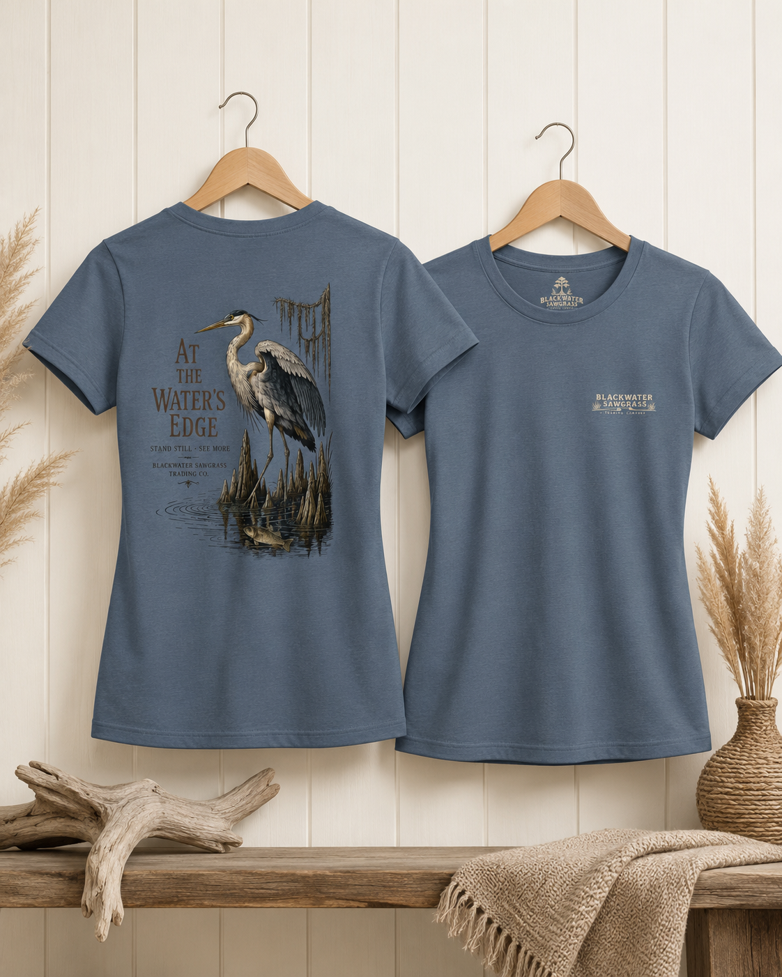 Heron 'At the Water's Edge' Tee - Nature Fishing Graphic T-Shirt
