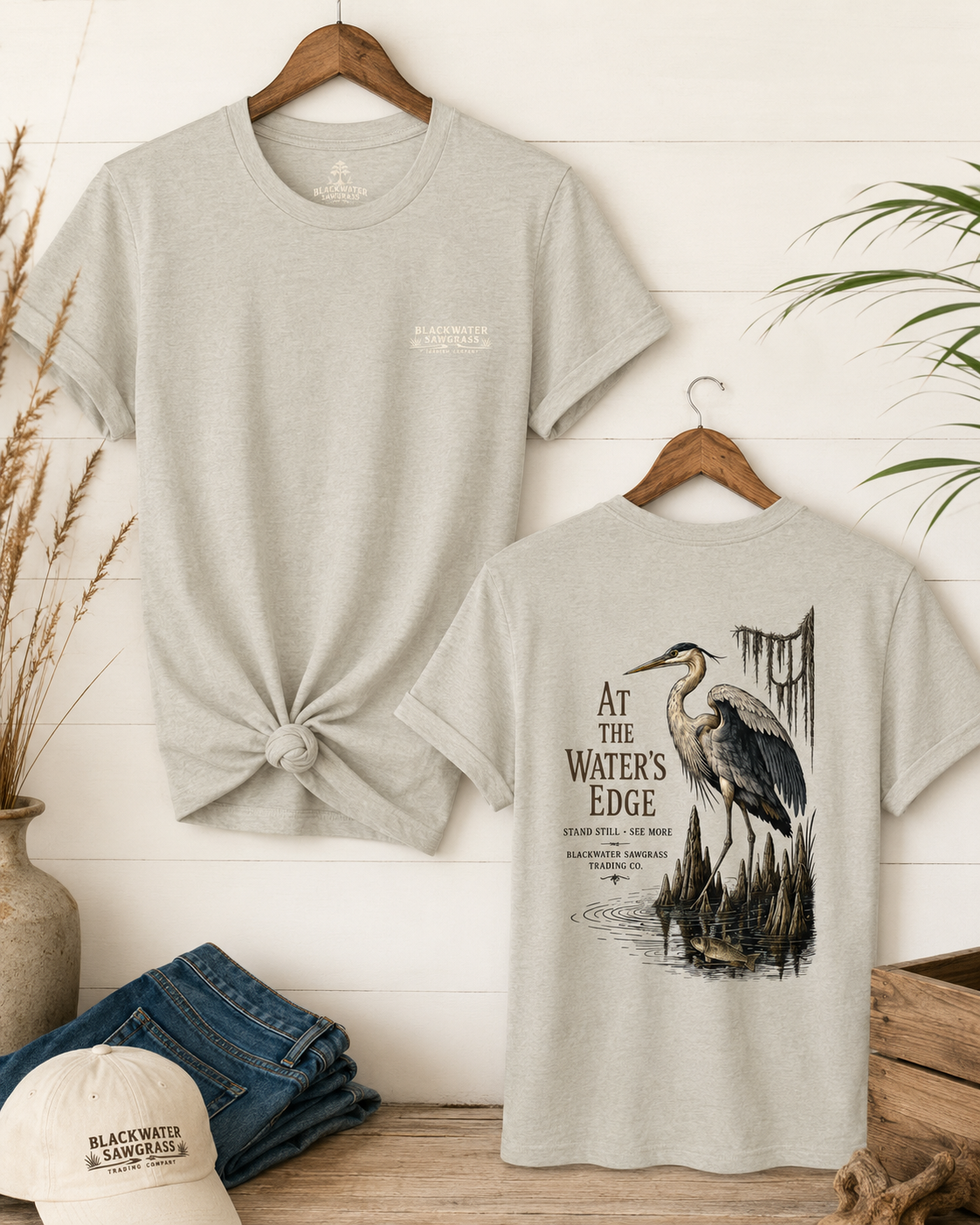 Heron 'At the Water's Edge' Tee - Nature Fishing Graphic T-Shirt