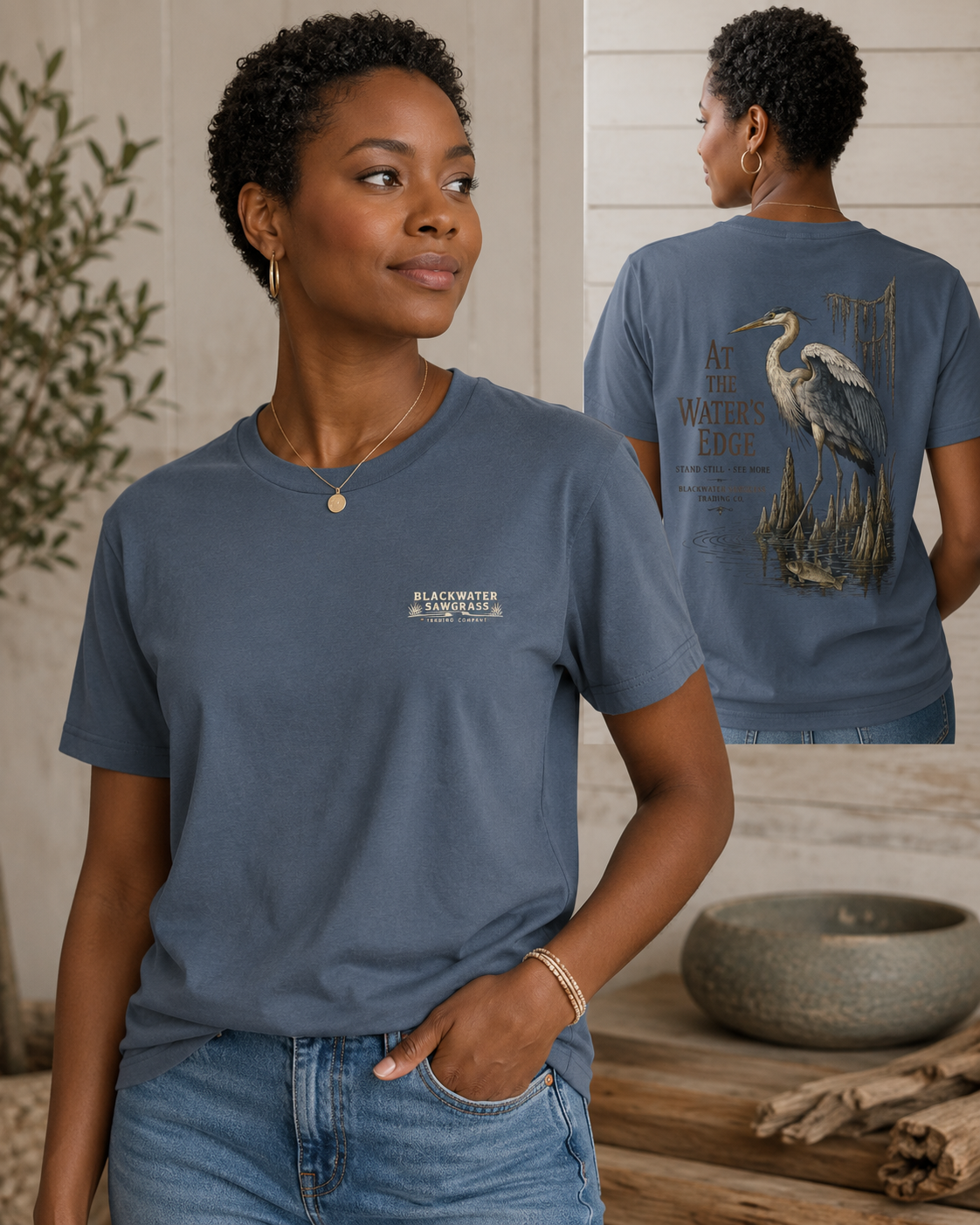Heron 'At the Water's Edge' Tee - Nature Fishing Graphic T-Shirt