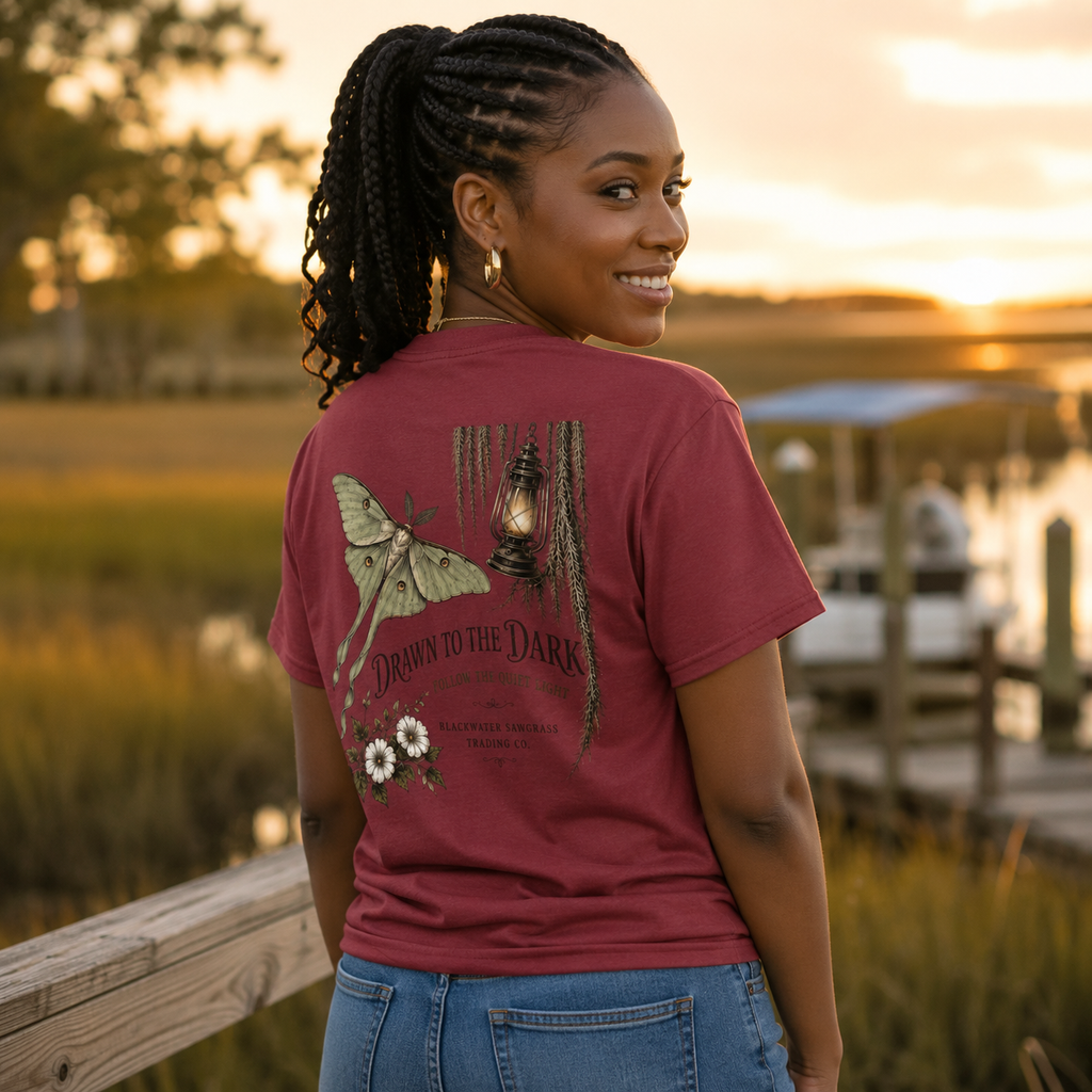 Drawn to the Dark T-Shirt — Moth, Lantern & Floral Graphic Tee