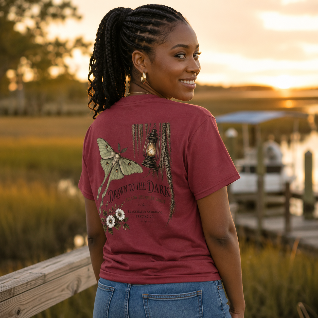 Drawn to the Dark T-Shirt — Moth, Lantern & Floral Graphic Tee
