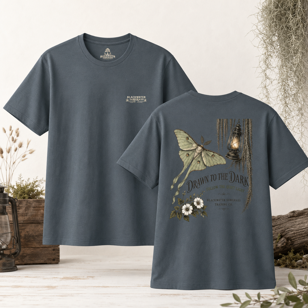Drawn to the Dark T-Shirt — Moth, Lantern & Floral Graphic Tee