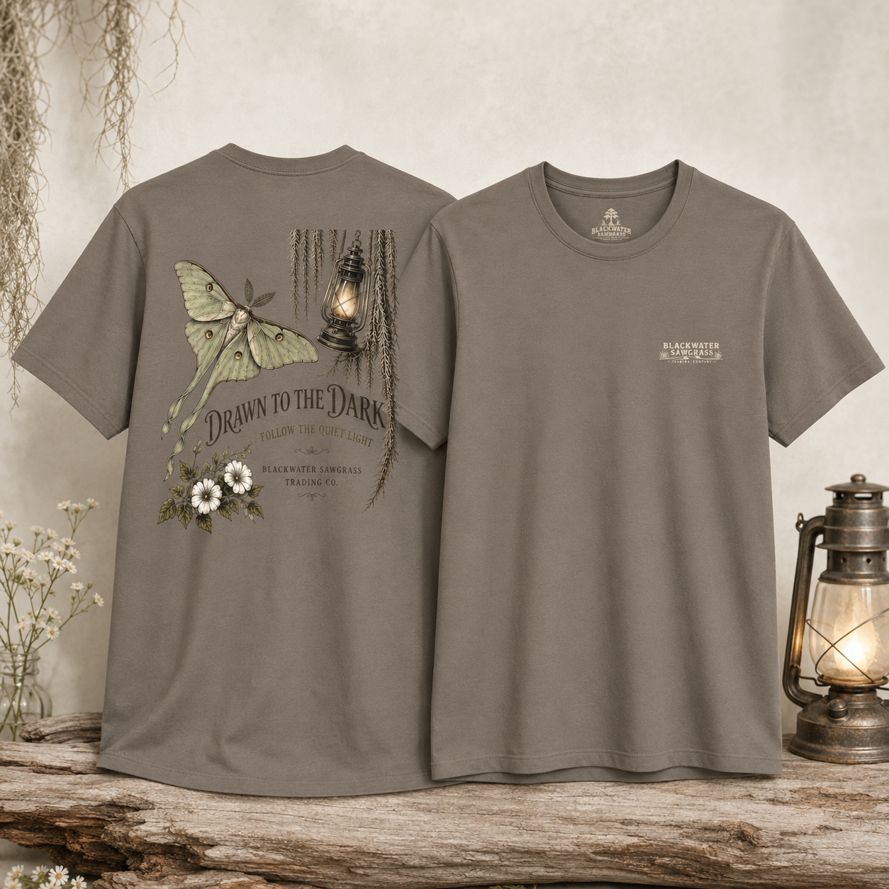 Drawn to the Dark T-Shirt — Moth, Lantern & Floral Graphic Tee
