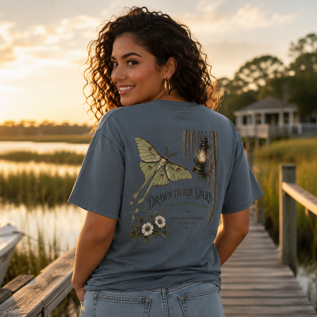 Drawn to the Dark T-Shirt — Moth, Lantern & Floral Graphic Tee