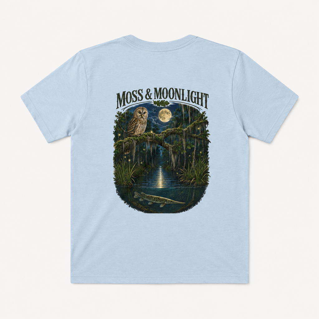 Moss & Moonlight Youth Tee | Swamp Scene (Owl, Alligator, Moonlit Nature)