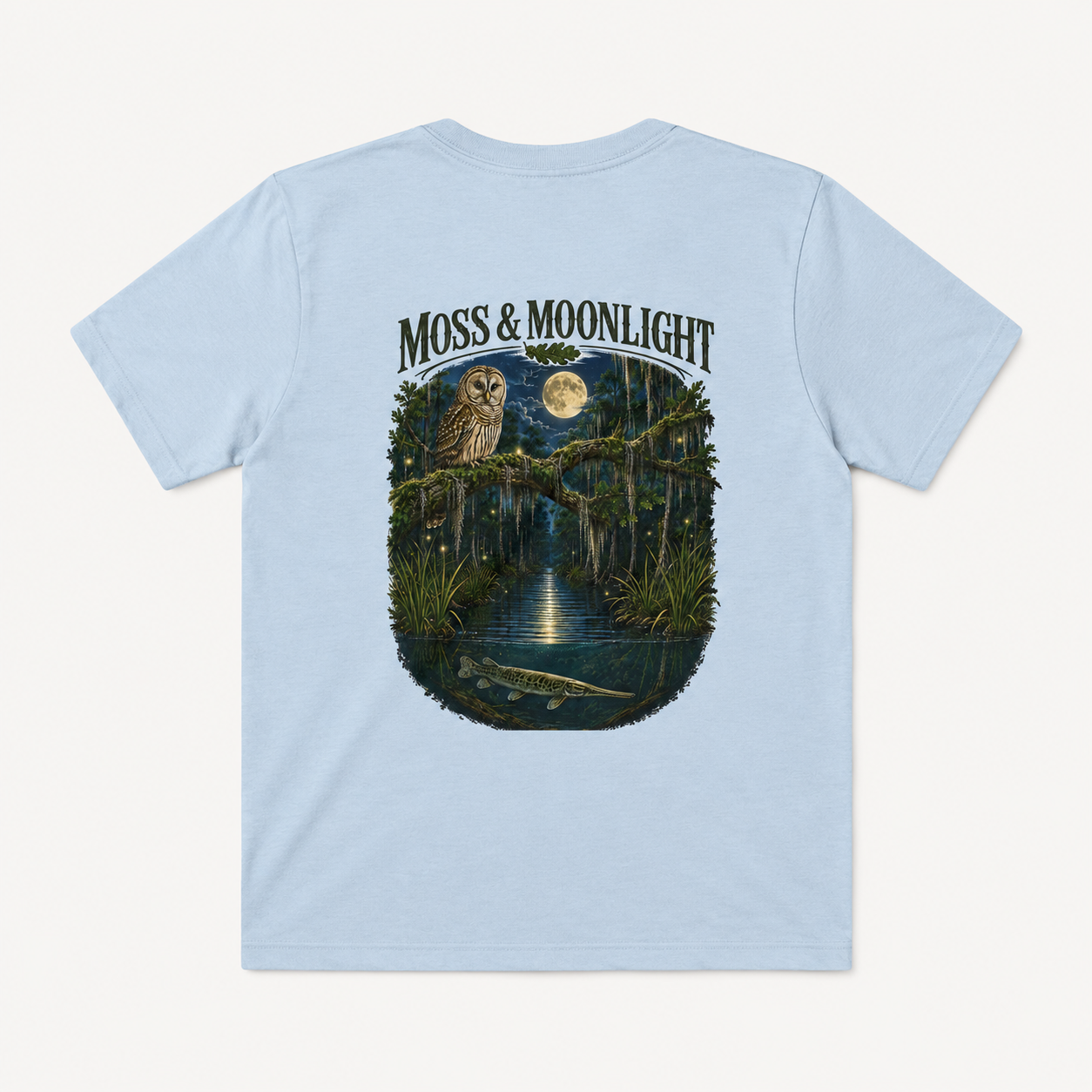 Moss & Moonlight Youth Tee | Swamp Scene (Owl, Alligator, Moonlit Nature)