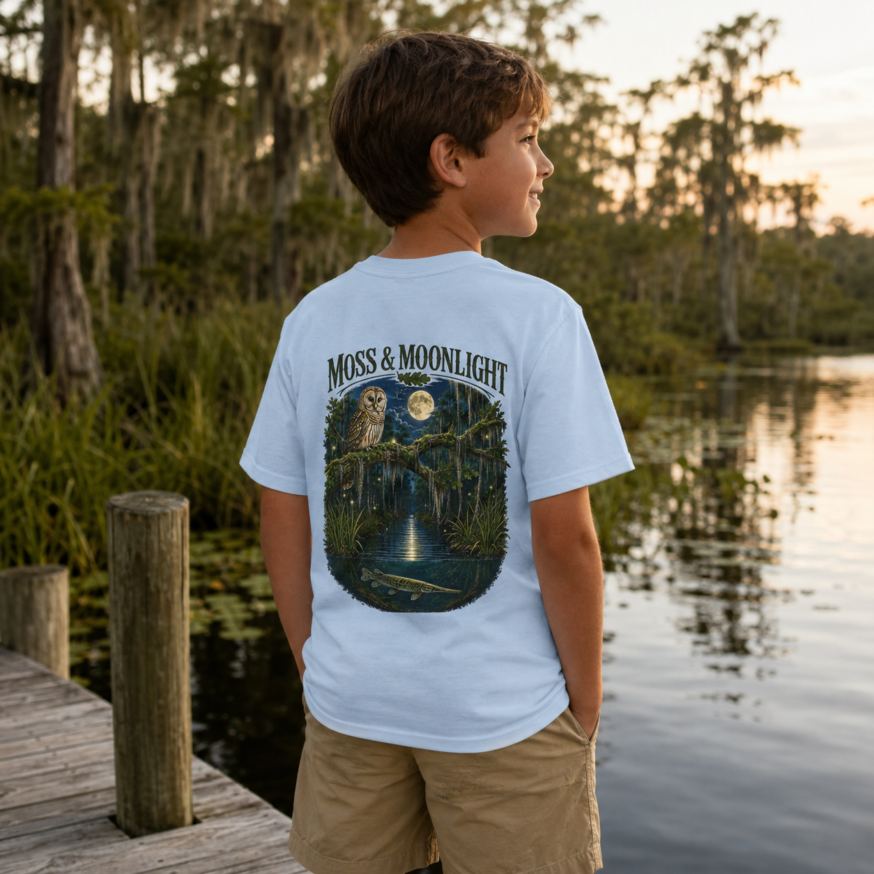 Moss & Moonlight Youth Tee | Swamp Scene (Owl, Alligator, Moonlit Nature)
