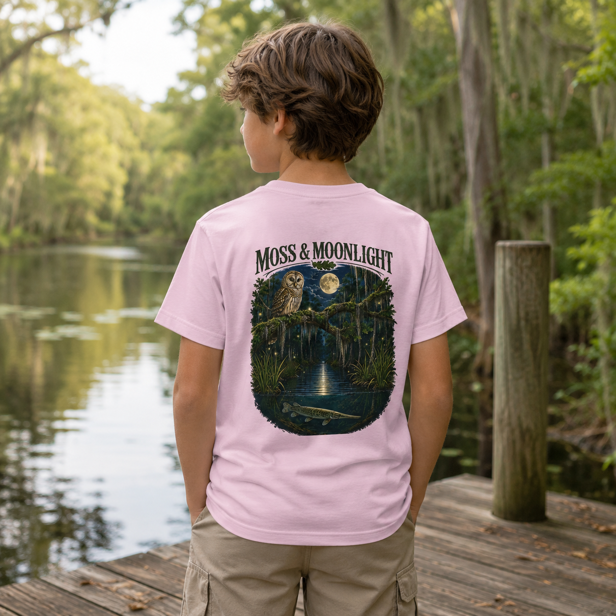 Moss & Moonlight Youth Tee | Swamp Scene (Owl, Alligator, Moonlit Nature)
