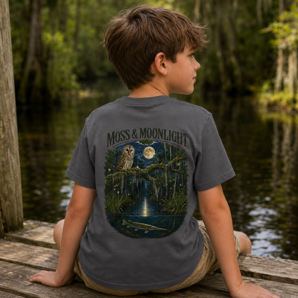 Moss & Moonlight Youth Tee | Swamp Scene (Owl, Alligator, Moonlit Nature)