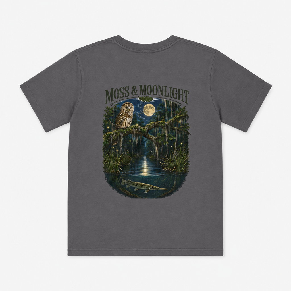 Moss & Moonlight Youth Tee | Swamp Scene (Owl, Alligator, Moonlit Nature)