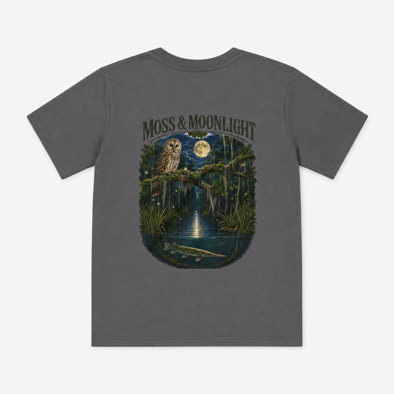 Moss & Moonlight Youth Tee | Swamp Scene (Owl, Alligator, Moonlit Nature)