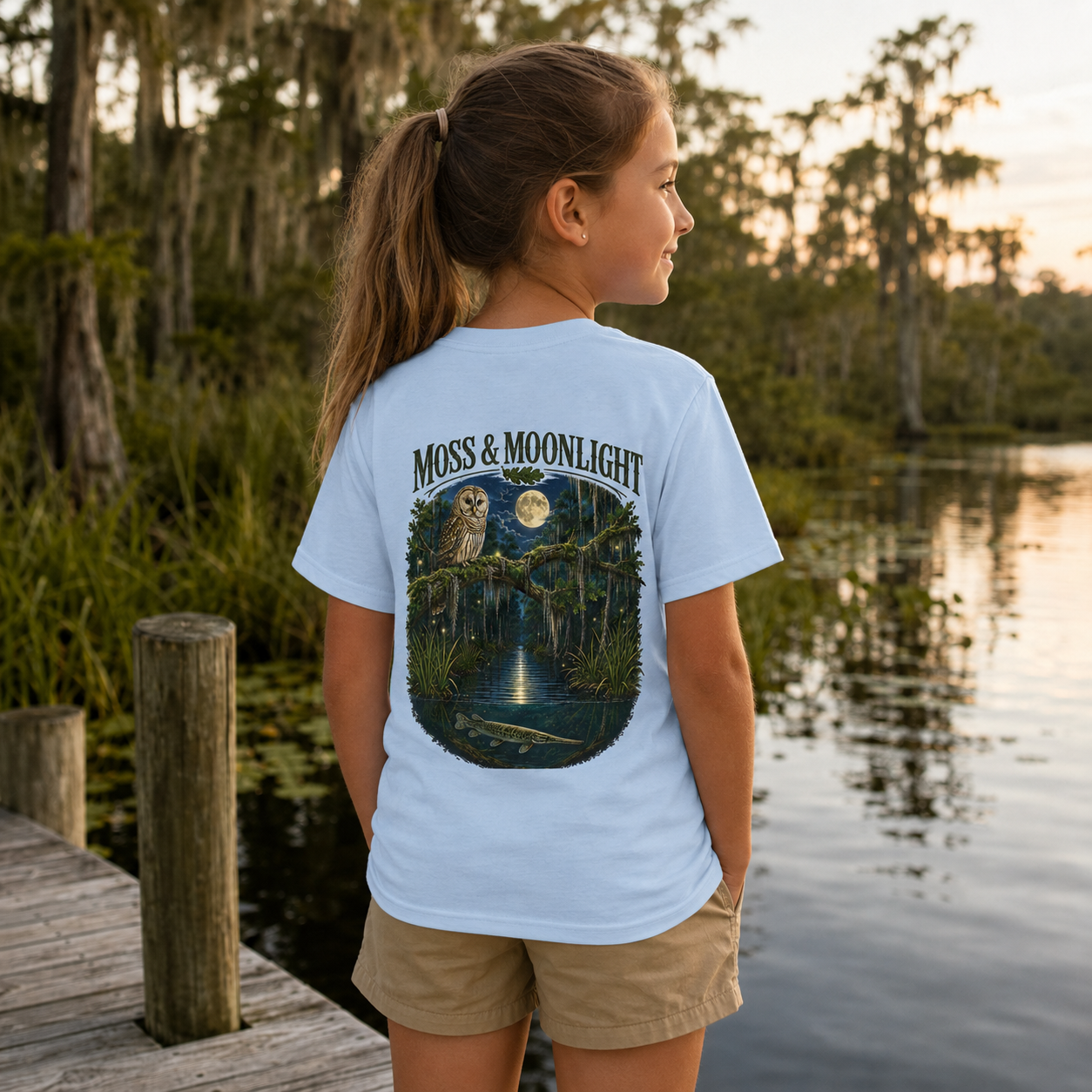 Moss & Moonlight Youth Tee | Swamp Scene (Owl, Alligator, Moonlit Nature)