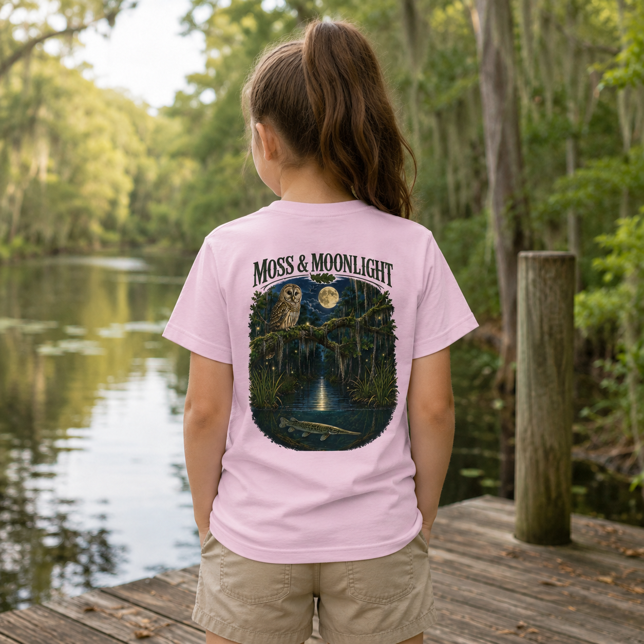 Moss & Moonlight Youth Tee | Swamp Scene (Owl, Alligator, Moonlit Nature)