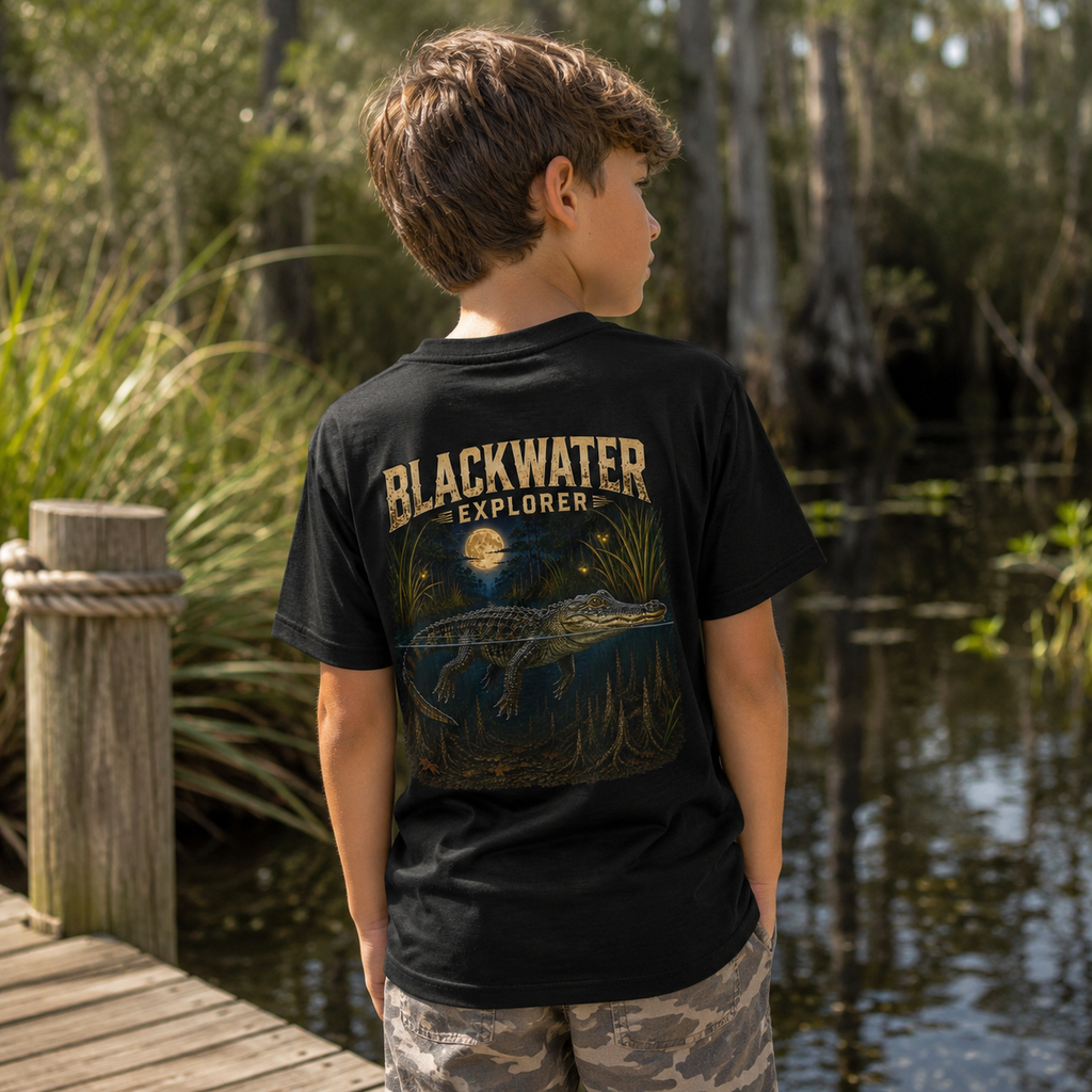 Blackwater Explorer Youth Tee | Alligator Graphic Tee (Back & Chest Print)