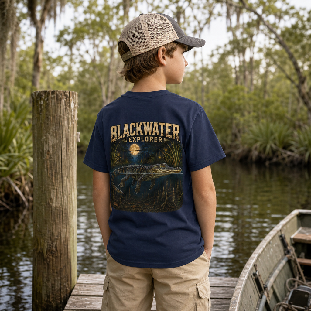 Blackwater Explorer Youth Tee | Alligator Graphic Tee (Back & Chest Print)