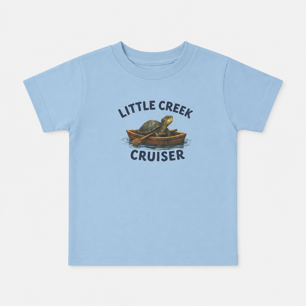 Little Creek Cruiser Toddler Tee — Cute Boat & Turtle Graphic Tee
