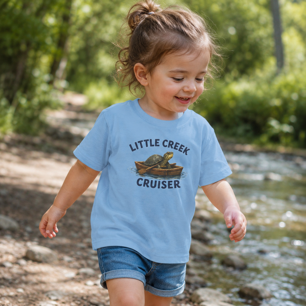 Little Creek Cruiser Toddler Tee — Cute Boat & Turtle Graphic Tee