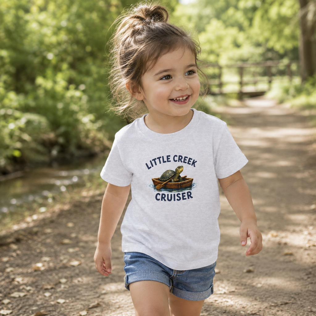 Little Creek Cruiser Toddler Tee — Cute Boat & Turtle Graphic Tee