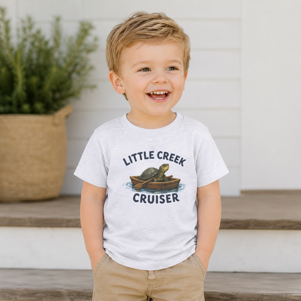 Little Creek Cruiser Toddler Tee — Cute Boat & Turtle Graphic Tee