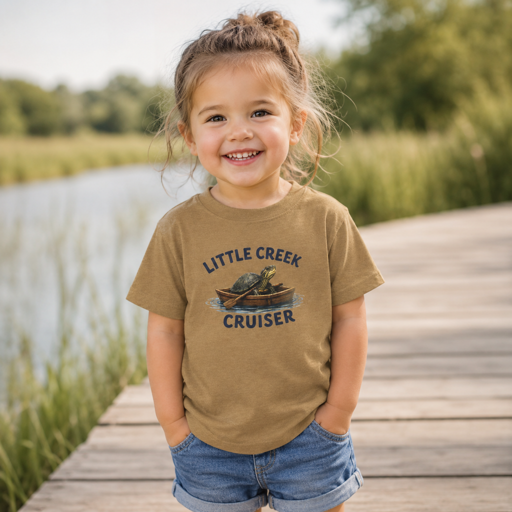 Little Creek Cruiser Toddler Tee — Cute Boat & Turtle Graphic Tee