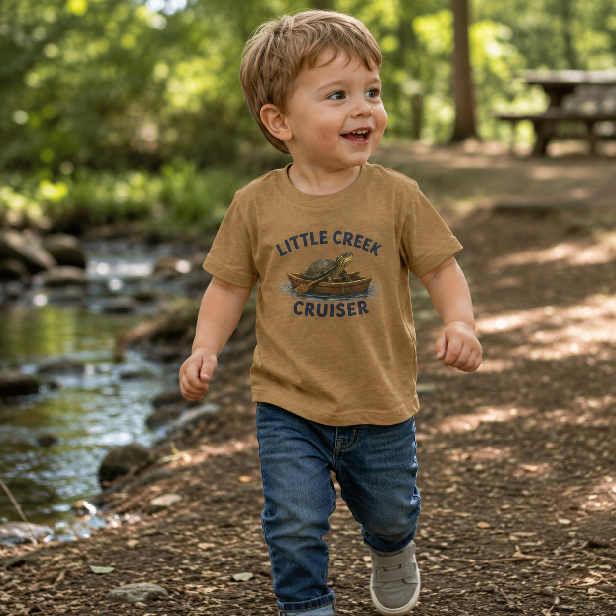 Little Creek Cruiser Toddler Tee — Cute Boat & Turtle Graphic Tee
