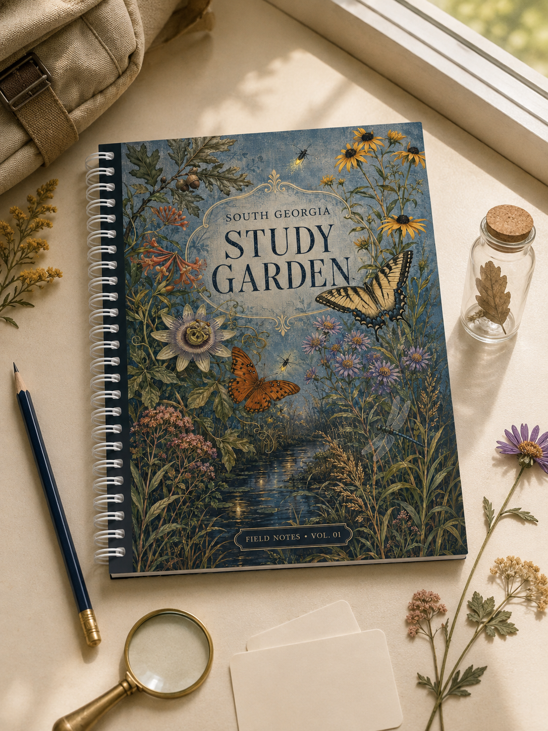 Study Garden Spiral Notebook — Vintage Botanical Cover with Butterflies, Floral Journal for Notes & Botanical Study