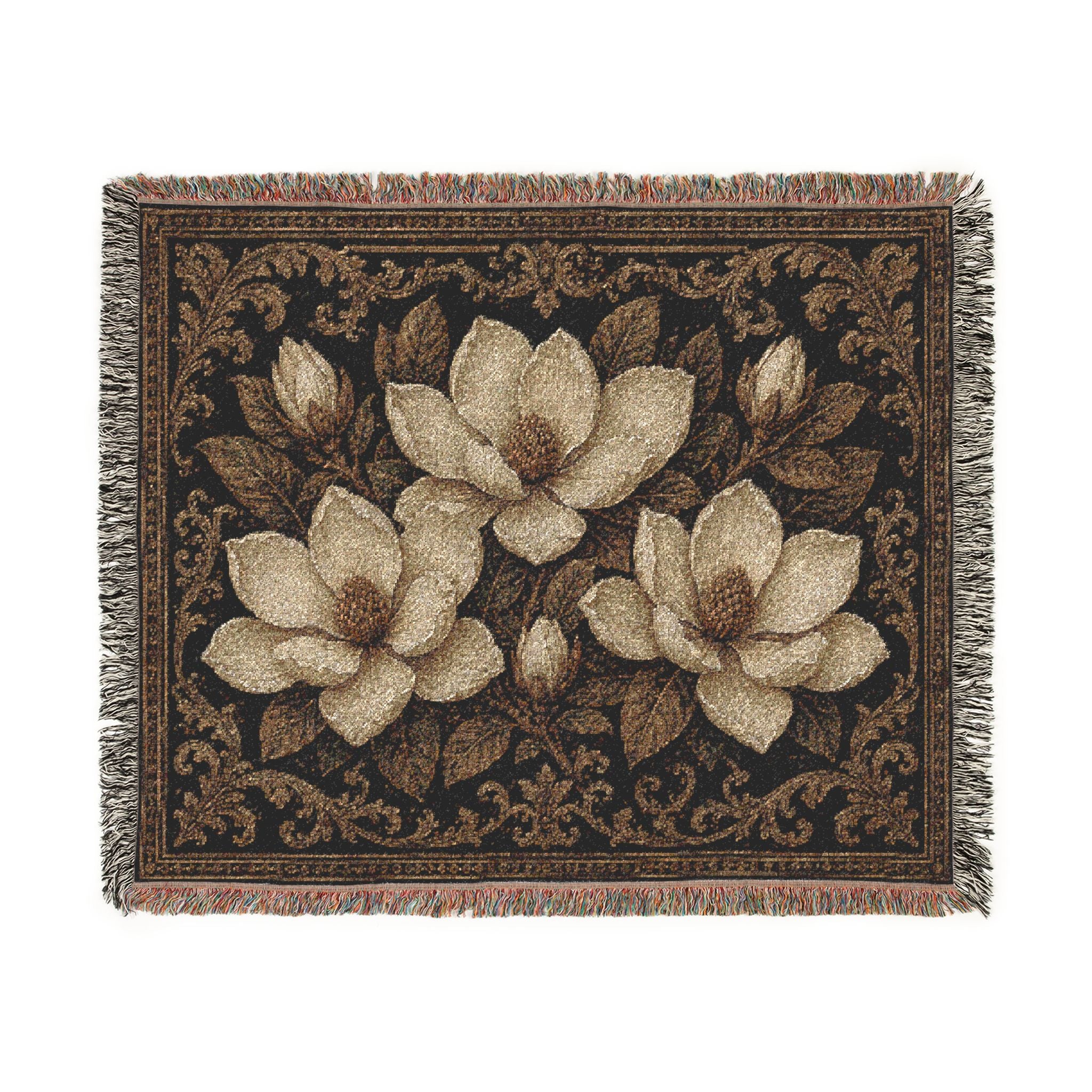 Magnolia Woven Blanket — Southern Magnolia Floral Throw with Fringed Edges